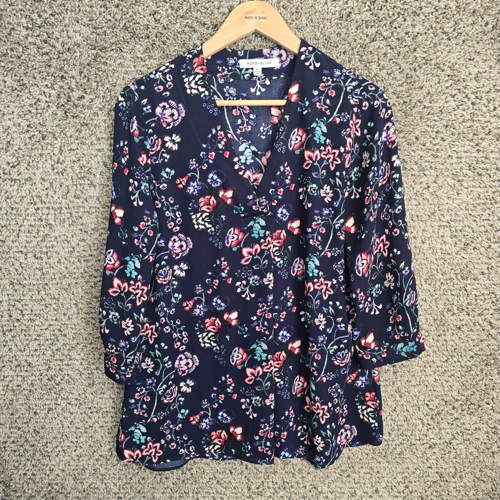 Rose & Olive Top Womens Medium Blue Floral Print V Neck 3/4 Sleeve Sheer Blouse